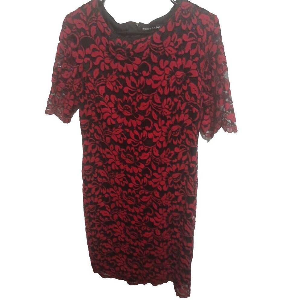 MADISON LEIGH RED & BLACK SHORT SLEEVE LACE KNEE LENGTH SHEATH DRESS - SZ 12